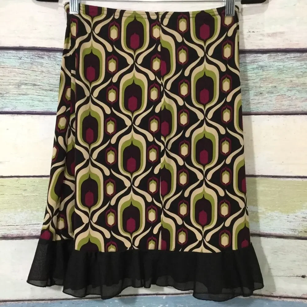 Paper Doll Retro Boho Psychedelic Geometric Pattern Ruffled Hem Belted Skirt Sm